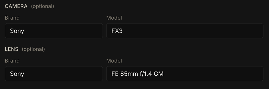The camera and lens fields of PreFrame's shot editor: Sony FX3 and Sony FE 85mm f/1.4 GM.
