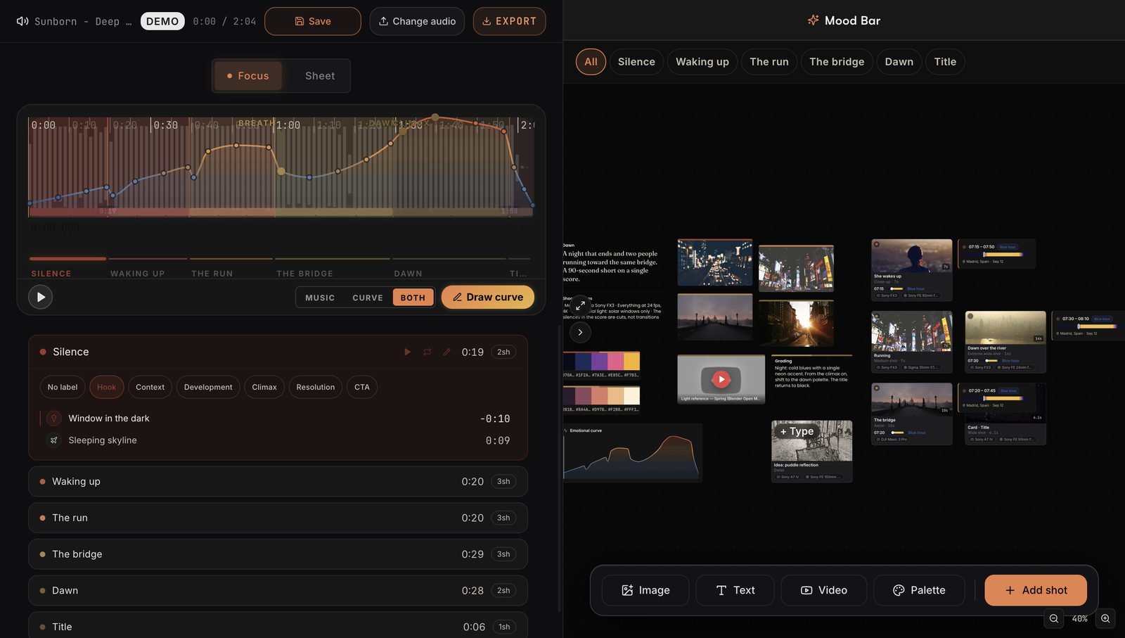 PreFrame in Focus mode: on the left the waveform with sections, an emotional curve and the first section open with its shots; on the right the Mood Bar with reference frames, a video, palettes, notes and shot cards.