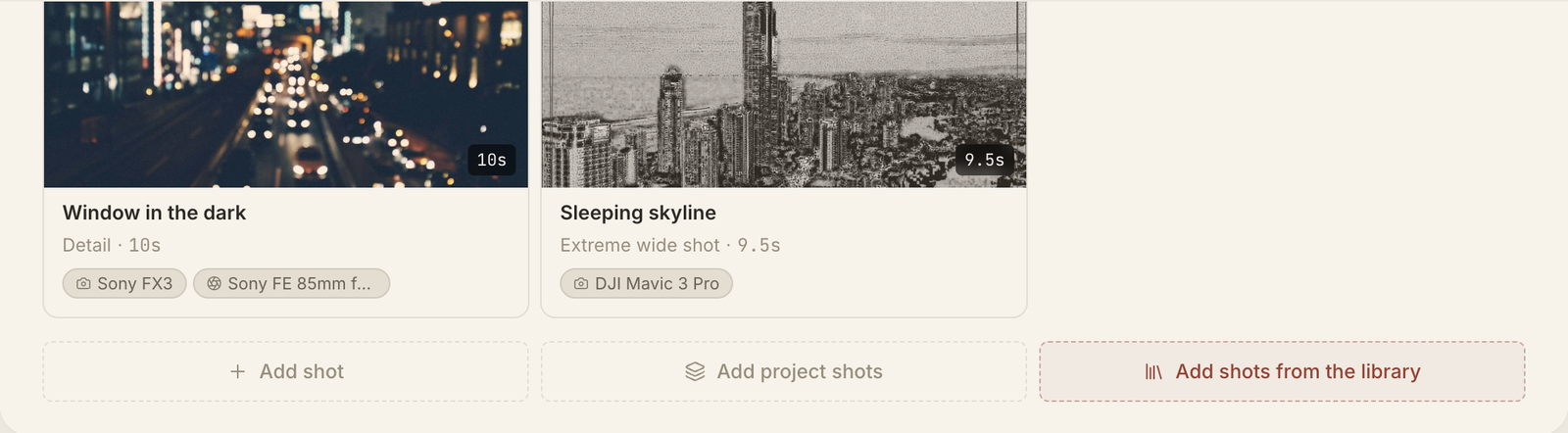 Two shot cards from a section: 'Window in the dark', a 10-second detail shot, and 'Sleeping skyline', a 9.5-second extreme wide drone shot, each with its camera and lens.