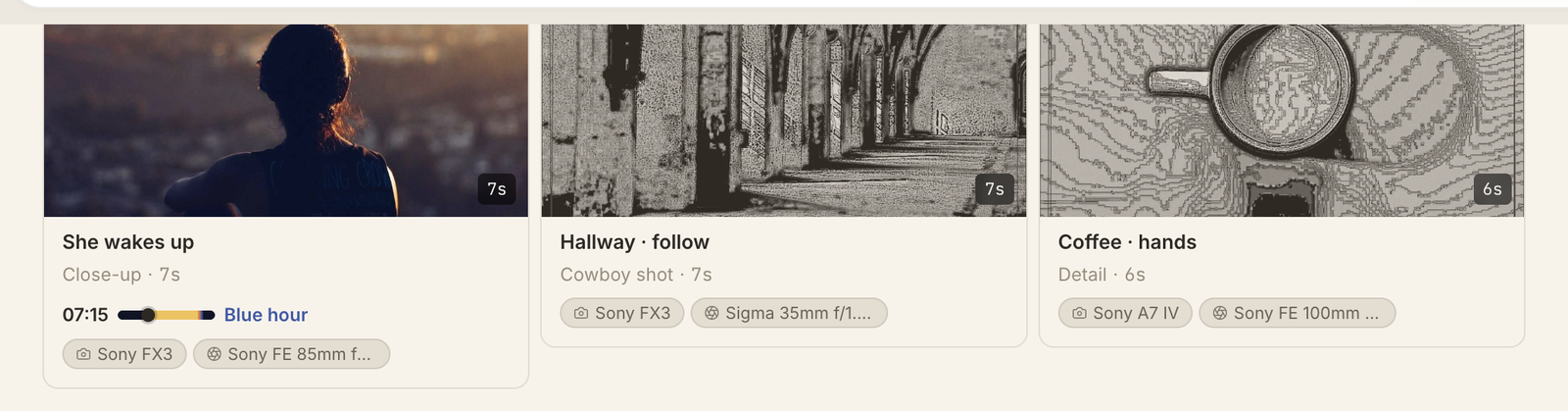 Three shot cards in a section: 'She wakes up', a close-up with a 07:15 blue hour window and its camera and lens; 'Hallway · follow', a cowboy shot; and 'Coffee · hands', a detail.