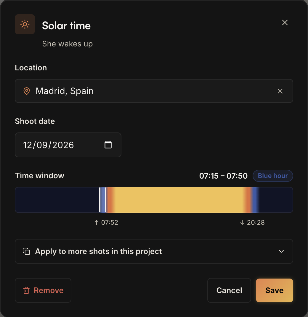 PreFrame's solar time editor for the shot 'She wakes up': location Madrid, Spain, shoot date 12 September 2026, and a colour bar of the day's light with the window 07:15 to 07:50 selected and tagged Blue hour, sunrise at 07:52 and sunset at 20:28.