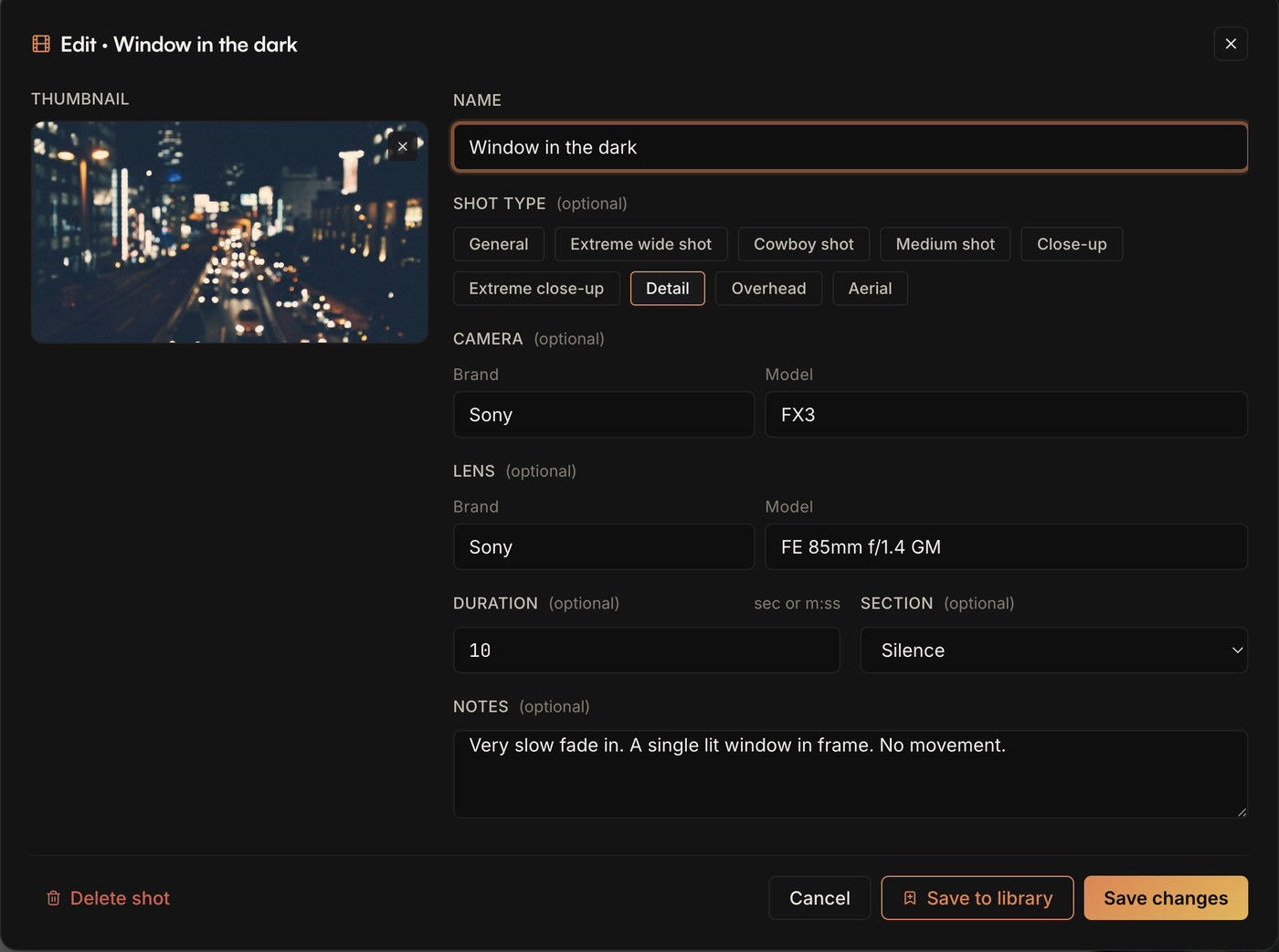 PreFrame's shot editor for 'Window in the dark': thumbnail, name, shot type chips from General to Aerial, camera brand and model, lens brand and model, duration, section and notes, with Save to library next to Save changes.