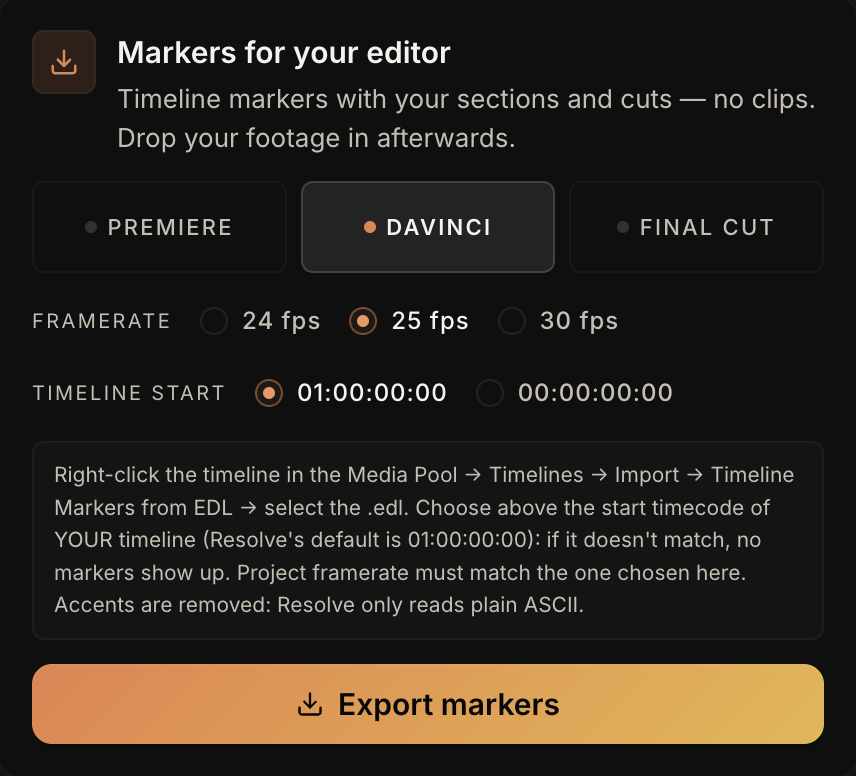 PreFrame's export dialog with DaVinci selected, showing the framerate options and a Timeline start choice between 01:00:00:00 and 00:00:00:00.