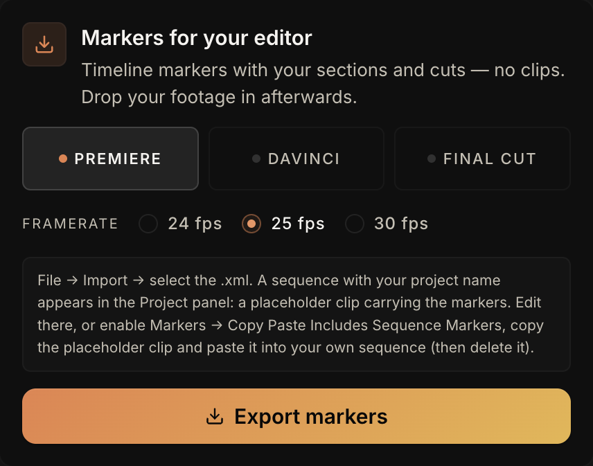 PreFrame's export dialog with Premiere selected, the frame rate set to 25 fps and the import steps for Premiere shown below.