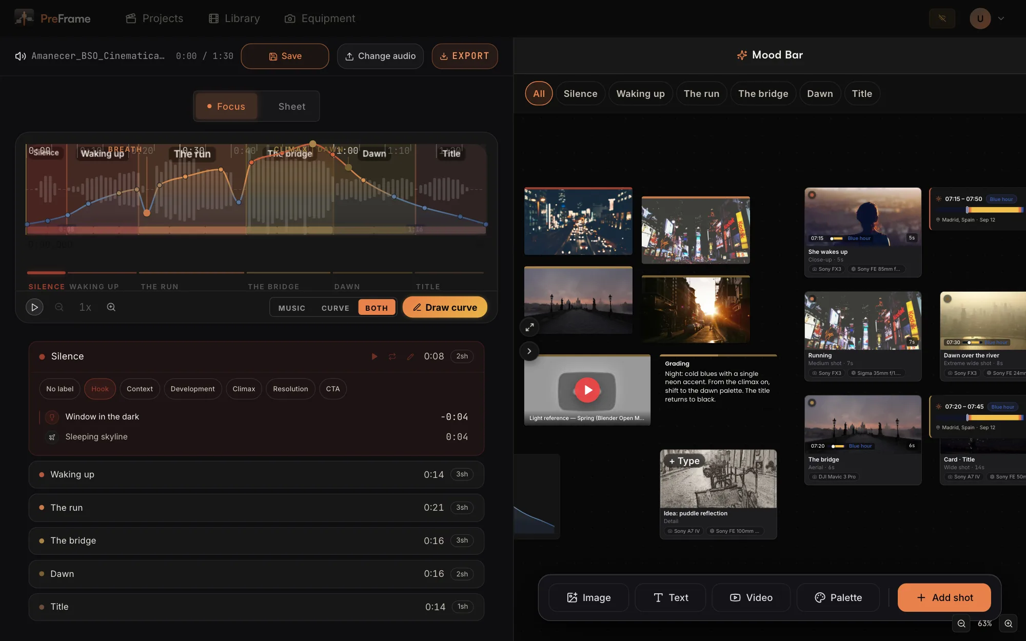 PreFrame editor showing the Amanecer demo project: colored narrative sections over the waveform, an emotional curve drawn on top, the shot list below and the Mood Bar canvas on the right.