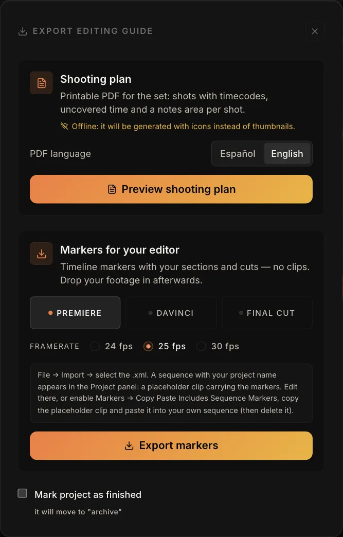 PreFrame's export dialog: a printable shooting plan, and section markers for Premiere or DaVinci Resolve with selectable frame rate.
