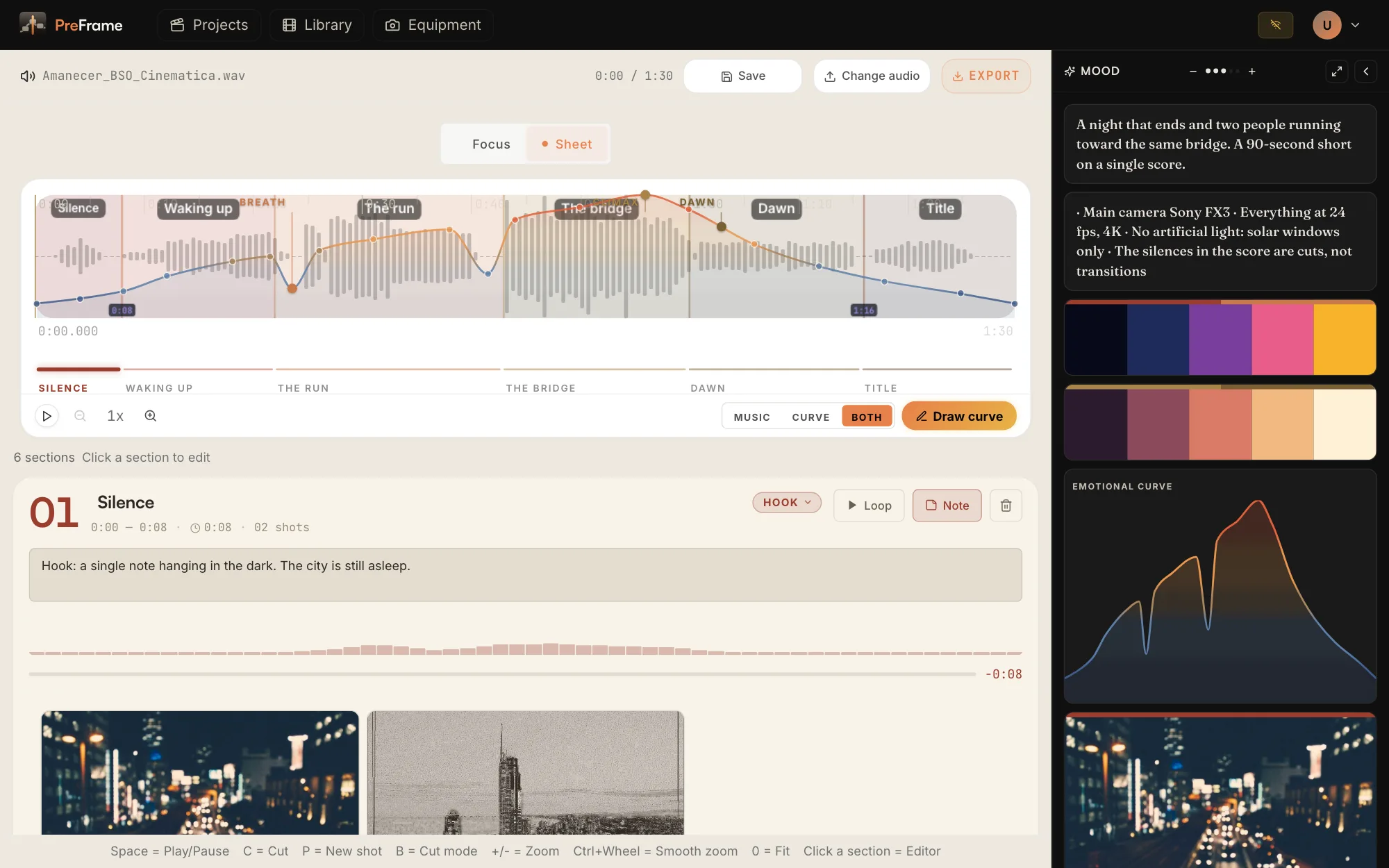 PreFrame in Sheet mode: a light spec-sheet view of the same project, with the emotional curve over the waveform, numbered section cards, and the mood panel with palette and reference images.