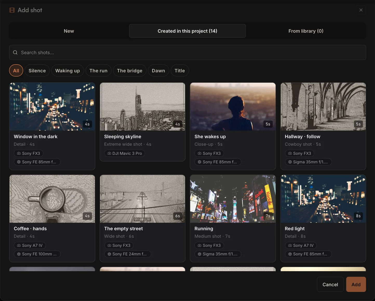 PreFrame's shot gallery: a grid of shot cards with durations and lens chips — Window in the dark, She wakes up, Running, The bridge — filterable by narrative section, with search.